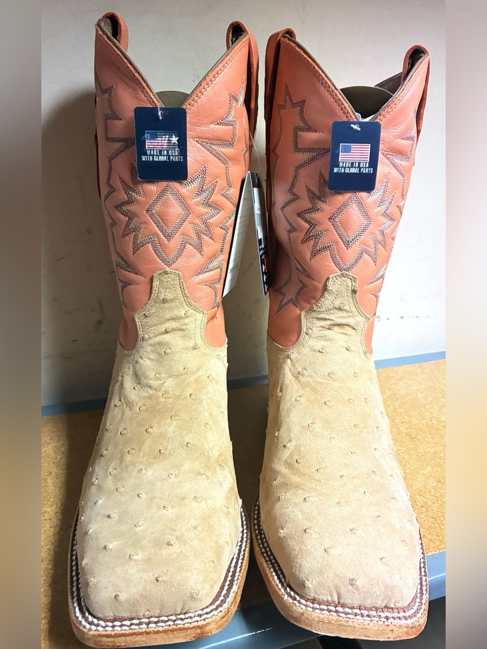 Tony Lama Men’s Full-Quill Ostrich Cowboy Boots Tan/Coral Size 10 D – New
